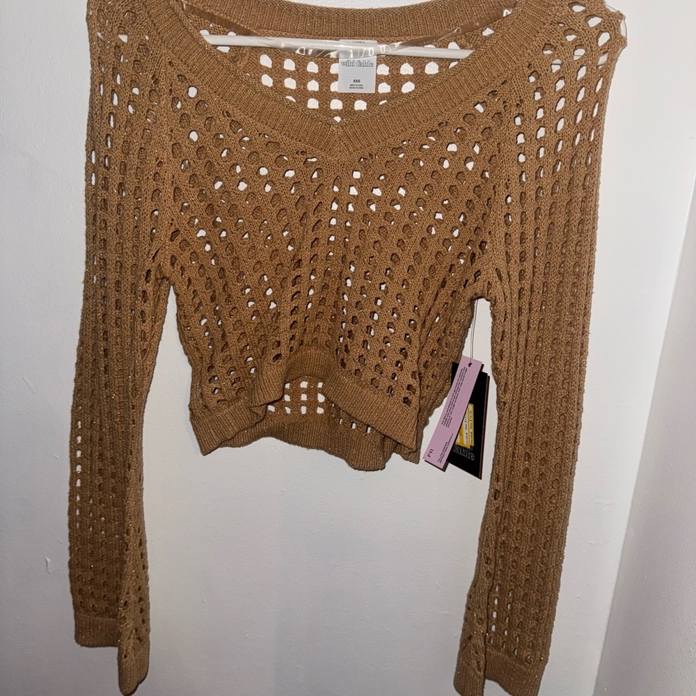 Target Tan V-Neck Sweater Open Knit